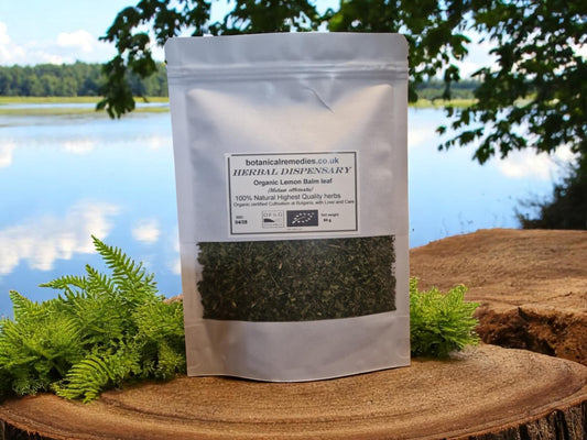 Package with Lemon Balm leaf, loose herbal tea, an herbal remedy