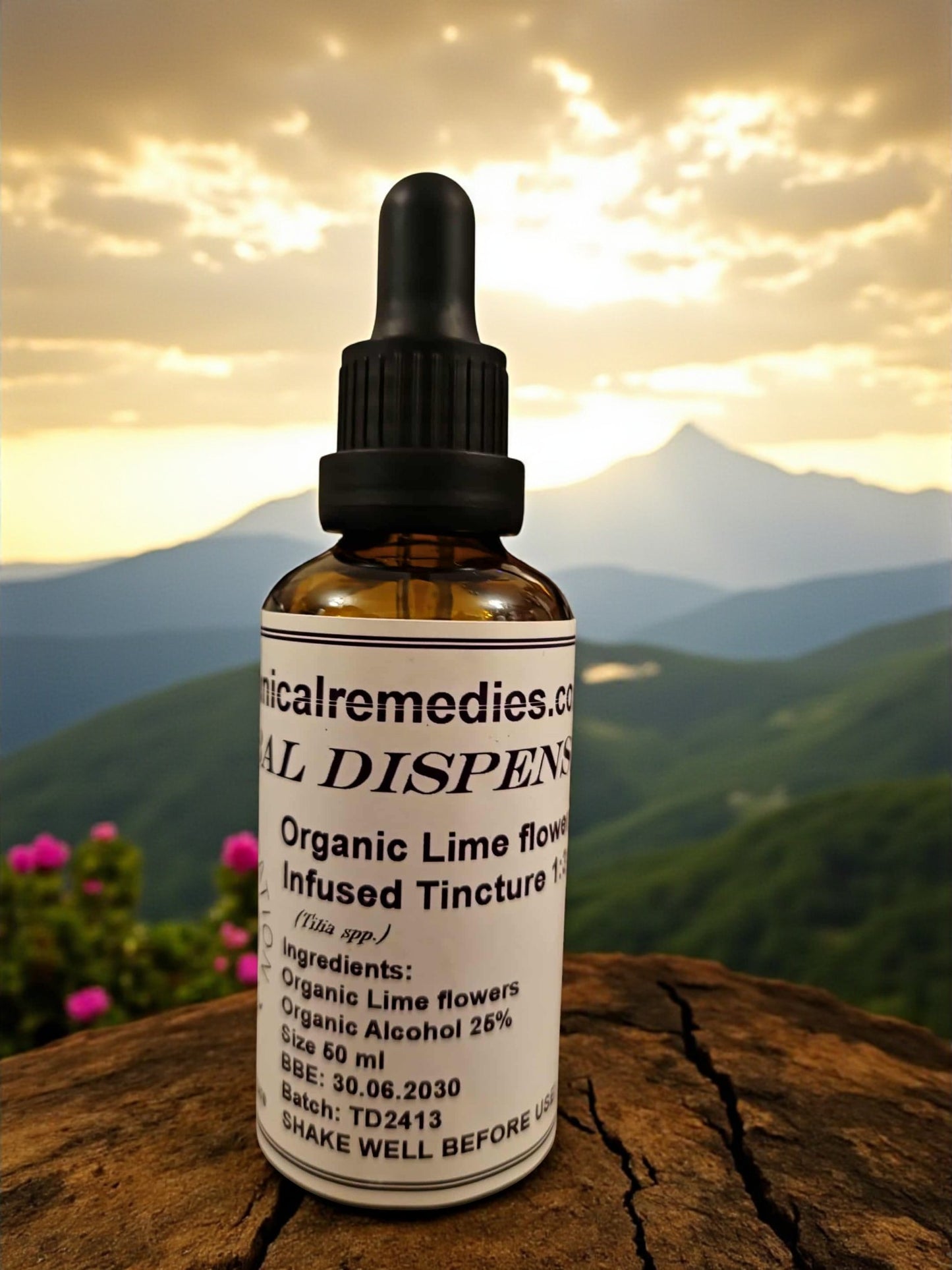 Dropper Bottle of organic lime flower tincture (infused), an herbal remedy from "Botanical Remedies" herbal dispensary