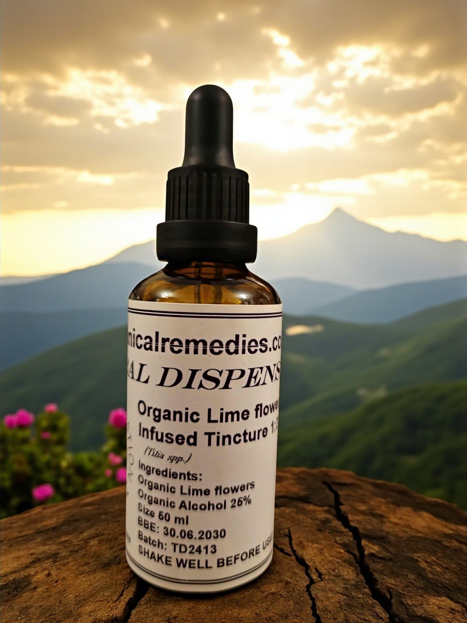 Dropper Bottle of organic lime flower tincture (infused), an herbal remedy from "Botanical Remedies" herbal dispensary