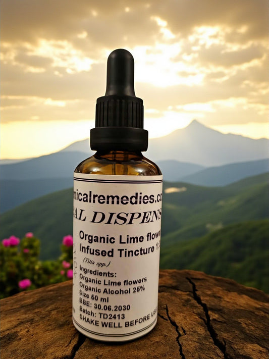 Dropper Bottle of organic lime flower tincture (infused), an herbal remedy from "Botanical Remedies" herbal dispensary