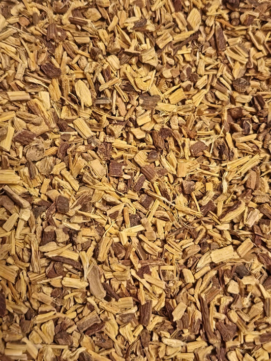 Close-up of dried herbs and cut Organic Liquorice root, an herbal remedy, loose herbal tea