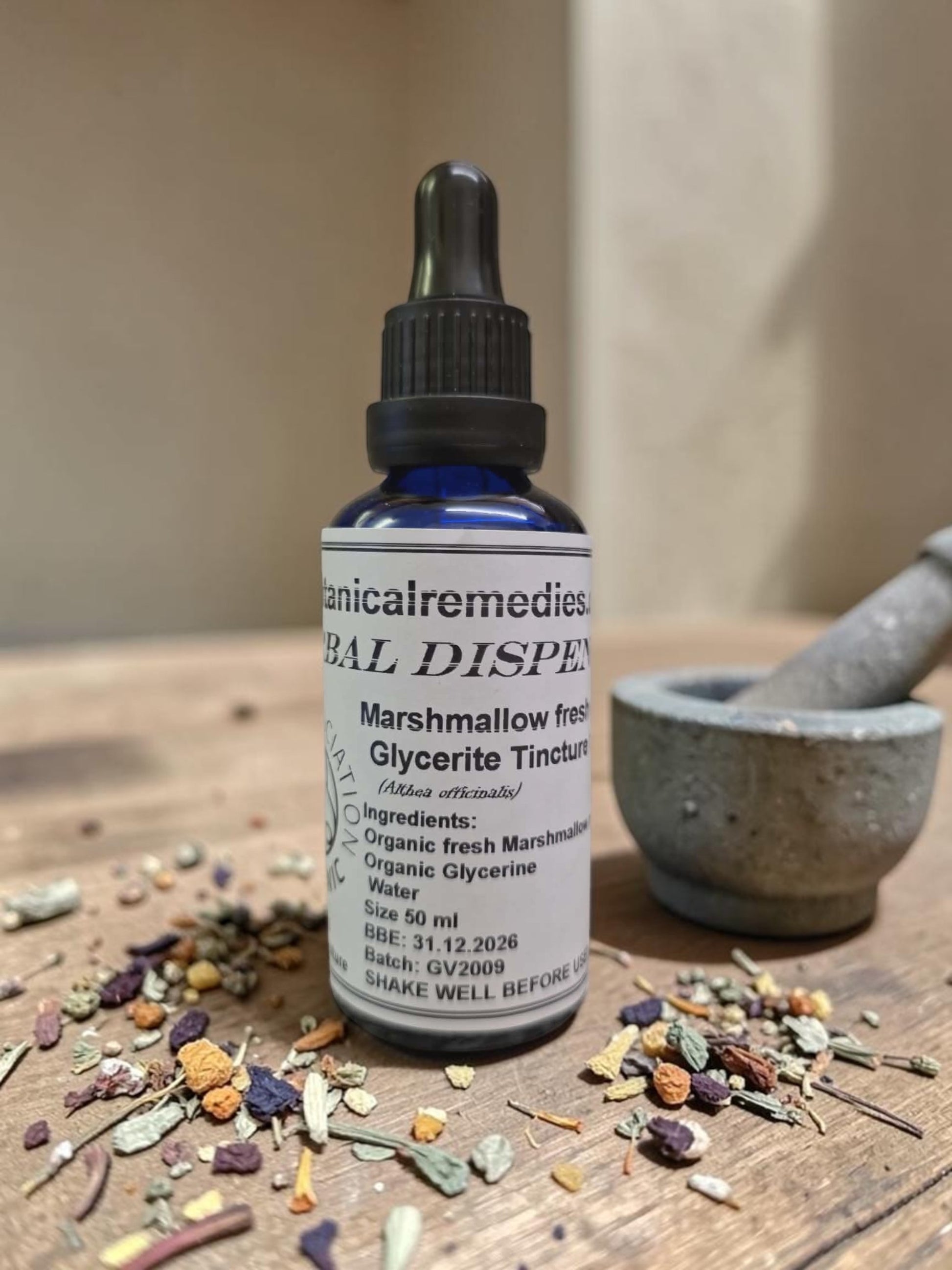 Dropper Bottle with Organic Marshmallow glycerite - alcohol-free tincture, soothing support to the mucous membranes of  digestive, urinary, lungs. An herbal remedy from Botanical Remedies herbal dispensary