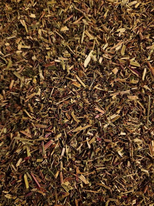 Close-up of dried Organic Meadowsweet herb, an herbal remedy from Botanical remedies herbal dispensary, loose herbal tea