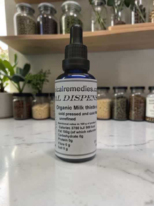 Organic cold-pressed milk thistle seed oil dropper bottle for liver detox and skincare
