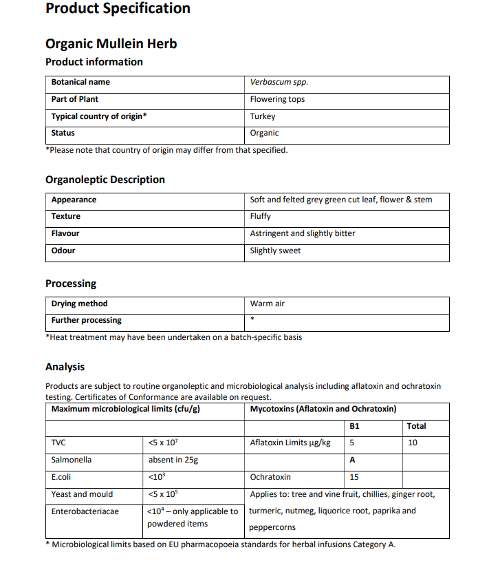 Product specification sheet for Organic Mullein Herb with details on botanical name, part of plant, country of origin, appearance, texture, flavor, odor, drying method, and analysis limits.
