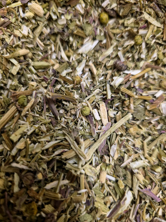 Close-up of dried and cut Organic Pancres herb, an herbal remedy from Botanical Remedies herbal dispensary, loose herbal tea