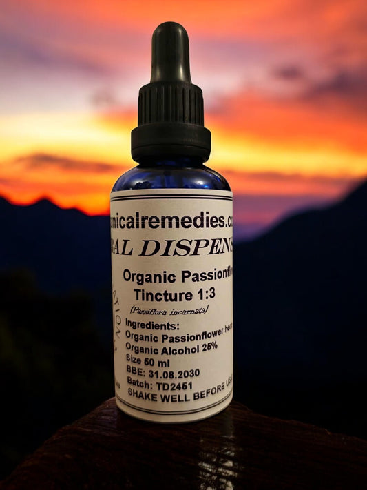 dropper bottle with Organic Passionflower tincture, an herbal remedy from Botanical Remedies herbal dispensary