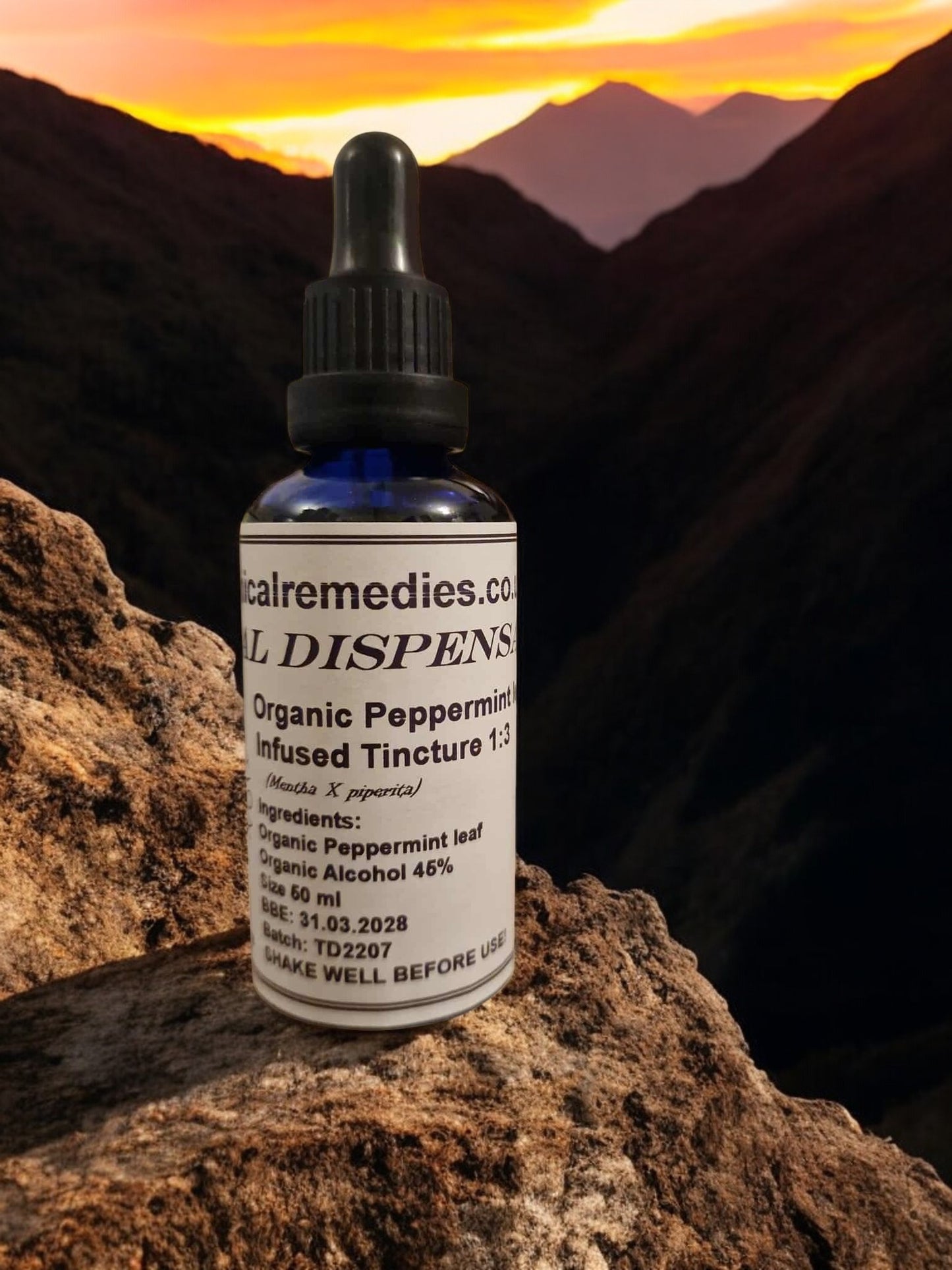 dropper bottle with Organic peppermint tincture, an herbal remedy from Botanical Remedies herbal dispensary