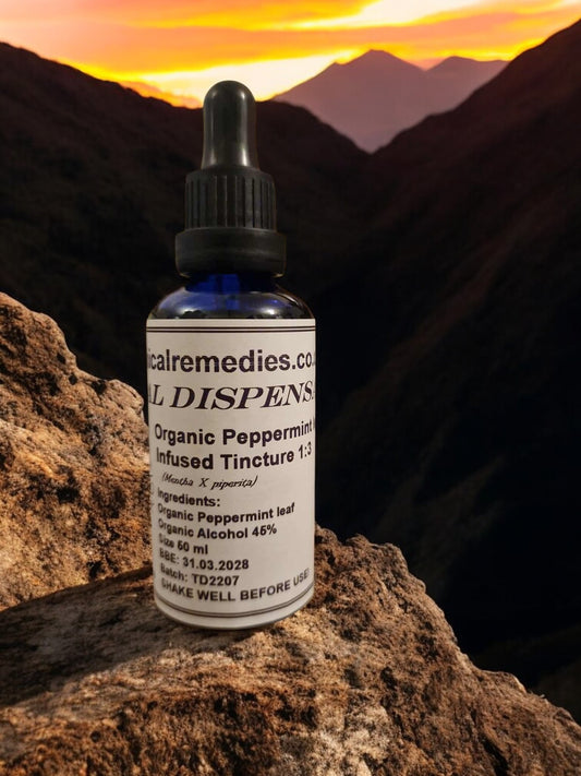 dropper bottle with Organic peppermint tincture, an herbal remedy from Botanical Remedies herbal dispensary