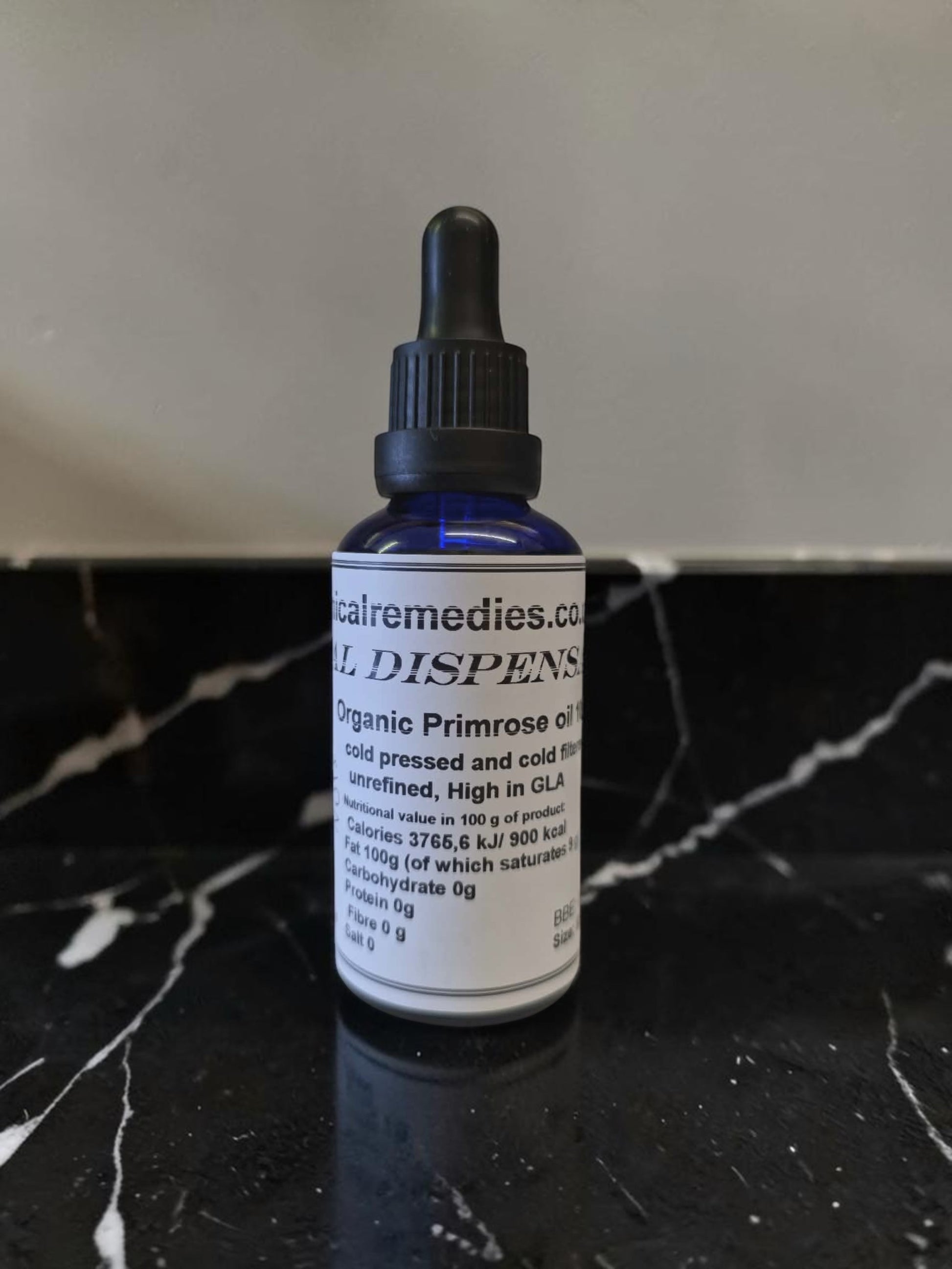 100% pure Organic cold pressed Primrose oil in UV resistant dropper bottle, GLA-rich oil supportive for eczema, dry skin, and hormonal balance. Herbal remedy from Botanical Remedies herbal dispensary
