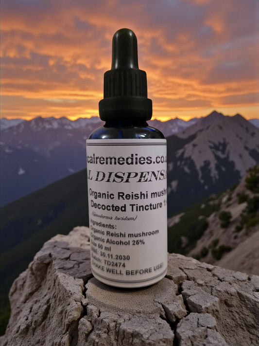 Dropper Bottle of Organic Reishi Tincture from Botanical Remedies herbal dispensary, medicinal mushroom tincture, potent adaptogen supporting Immunity, Sleep, Cardiovascular and Lungs wellbeing