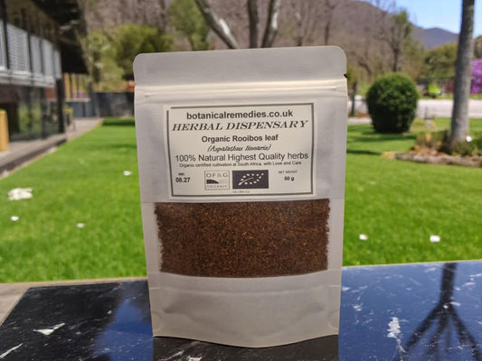 package with Organic Rooibos leaf, dried and cut, loose leaf tea, an herbal remedy