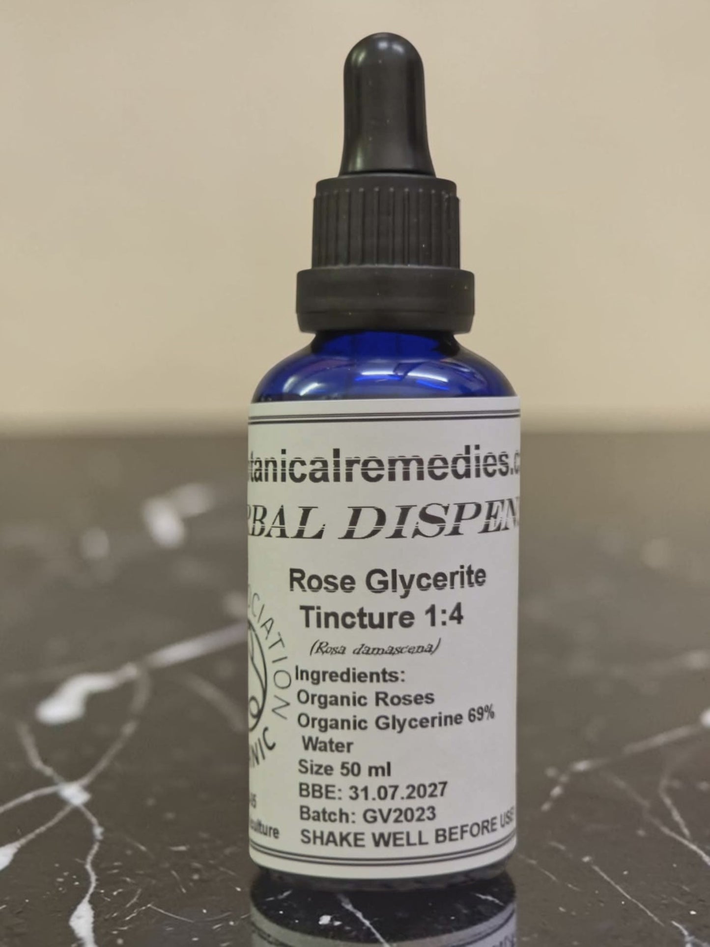 Bottle of Organic Rose Glycerite Tincture with dropper, an gentle herbal remedy suitable for kids and those who cant use alcohol