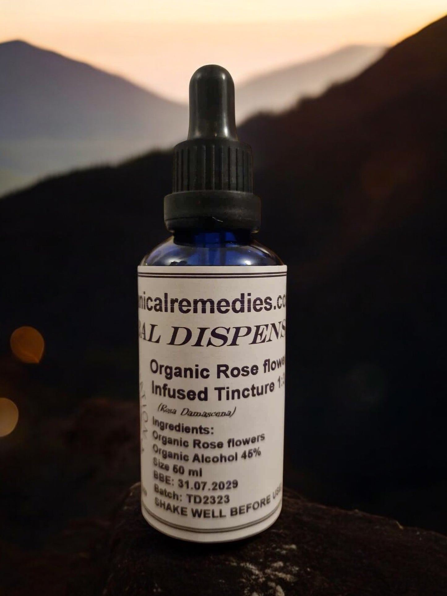 close up of Organic Rose Flower Tincture, an herbal remedy from Botanical Remedies herbal dispensary