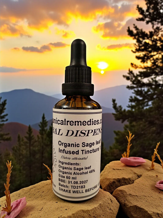 Bottle of organic sage leaf tincture (infused), an herbal remedy from Botanical remedies herbal dispensary
