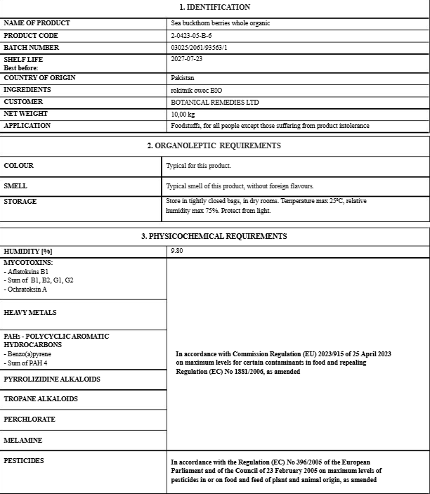 Certificate of analysis for Organic Sea buckthorn Berry