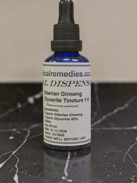 Dropper Bottle with Siberian Ginseng glycerite tincture, potent adaptogen supporting cognitive functions, immunity and well as enhances psychical performance from Botanical Remedies Herbal dispensary