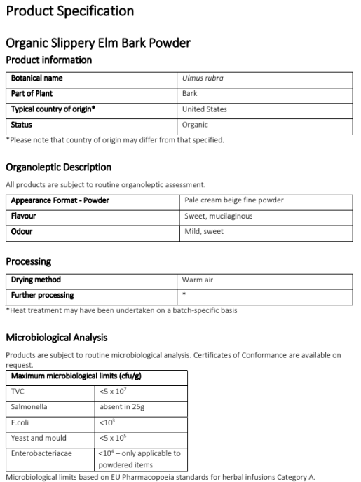 Organic slippery bark powder product specification