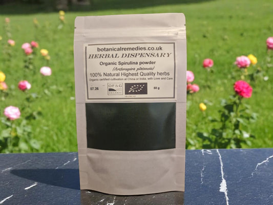 Package with Organic spirulina powder, superfood, an herbal remedy