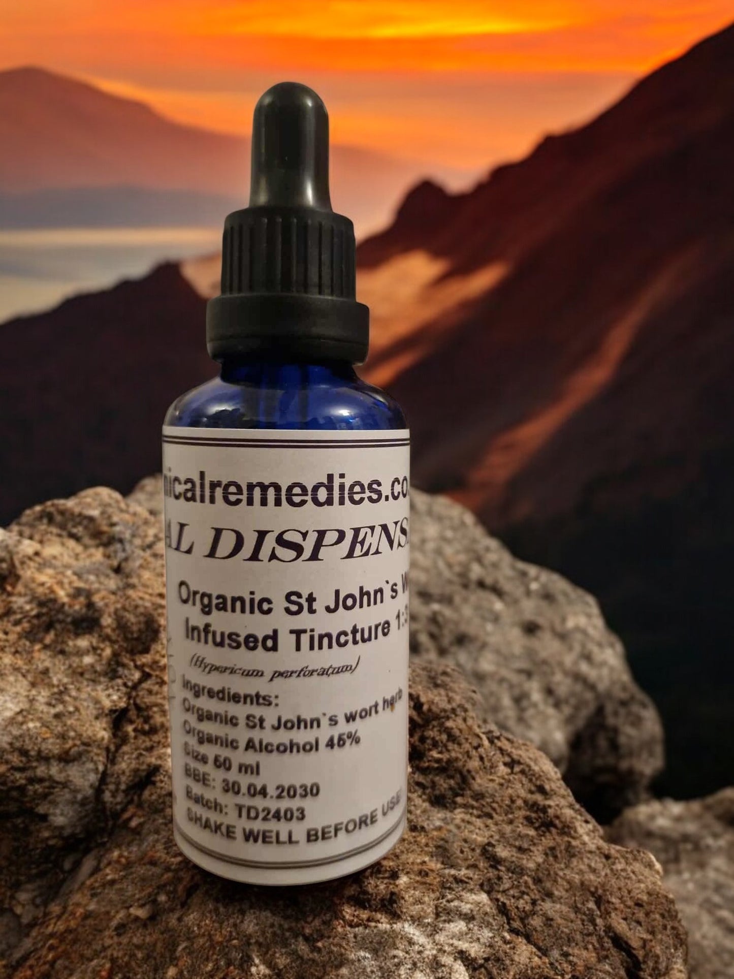 Dropper bottle with Organic St Johns wort Tincture, an herbal remedy from Botanical Remedies herbal dispensary
