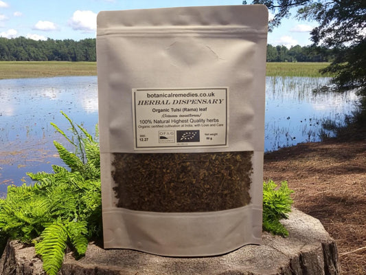 Package with Organic Tulsi leaf, dried and cut, an herbal remedy