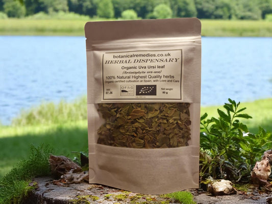 Package with Organic Uva ursi leaf, loose herbal tea, an herbal remedy