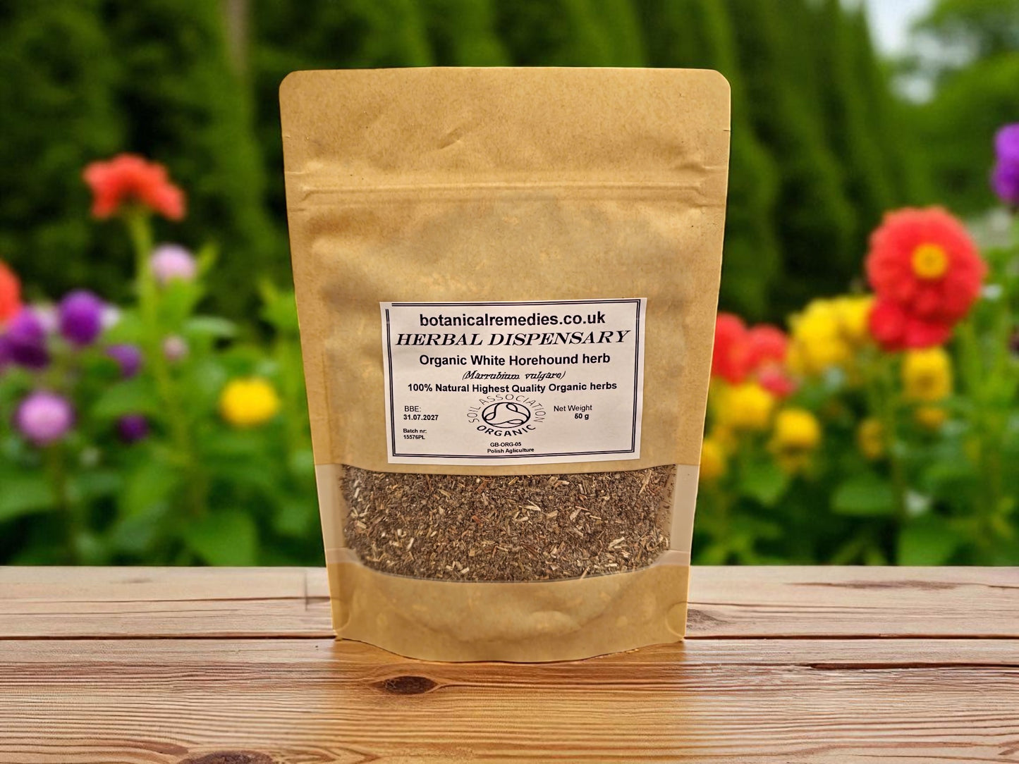 Kraft PE packaging of organic white Horehound herb from Botanical Remedies Herbal dispensary, an herbal Remedy, loose herbal tea