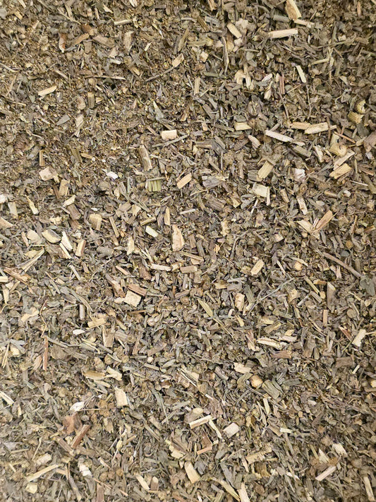 Close up of dried and cut Organic Wormwood herb, an herbal remedy from Botanical Remedies herbal dispensary, loose herbal tea
