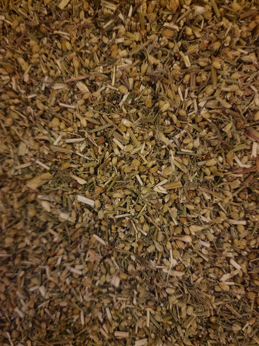 close up of Organic Yarrow herb, dried and cut from Botanical Remedies herbal dispensary, an herbal remedy, loose herbal tea