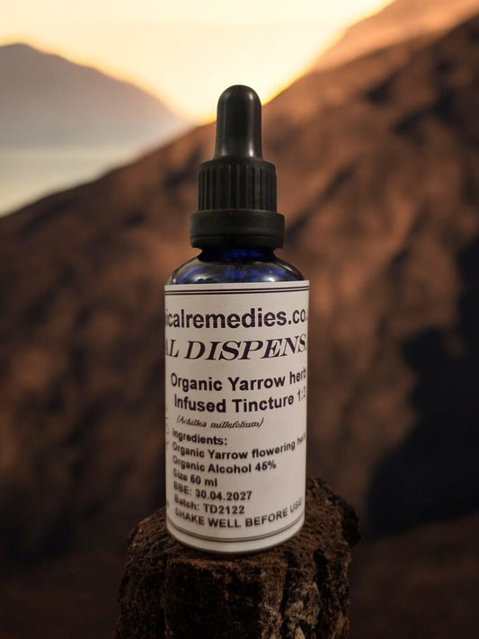 dropper bottle with Organic yarrow herb Tincture, an herbal remedy from Botanical Remedies herbal dispensary