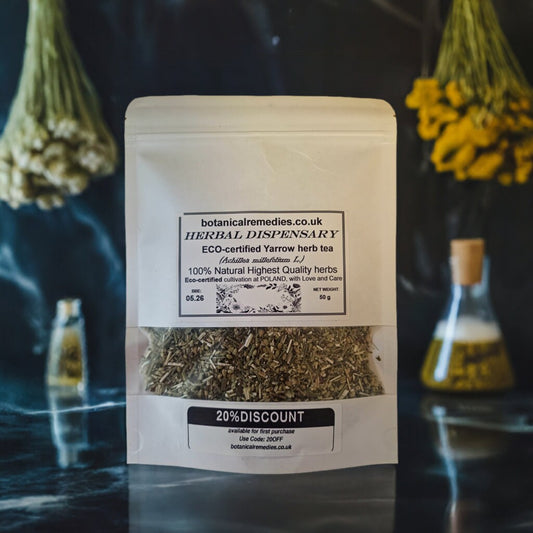 Package with Organic Yarrow herb, dried and cut, loose herbal tea, an herbal remedy
