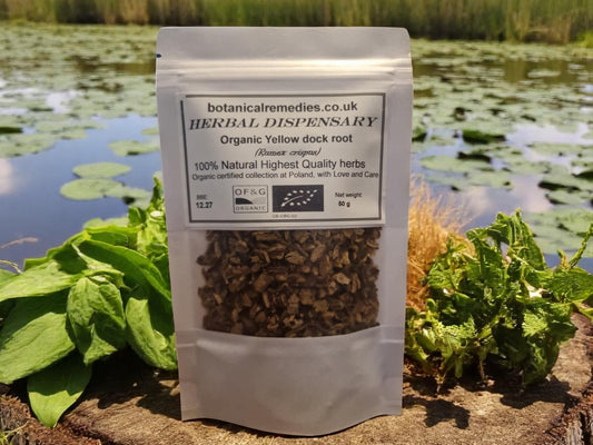 Package with Organic Yellow Dock root, dried and cut, loose herbal tea, an herbal remedy