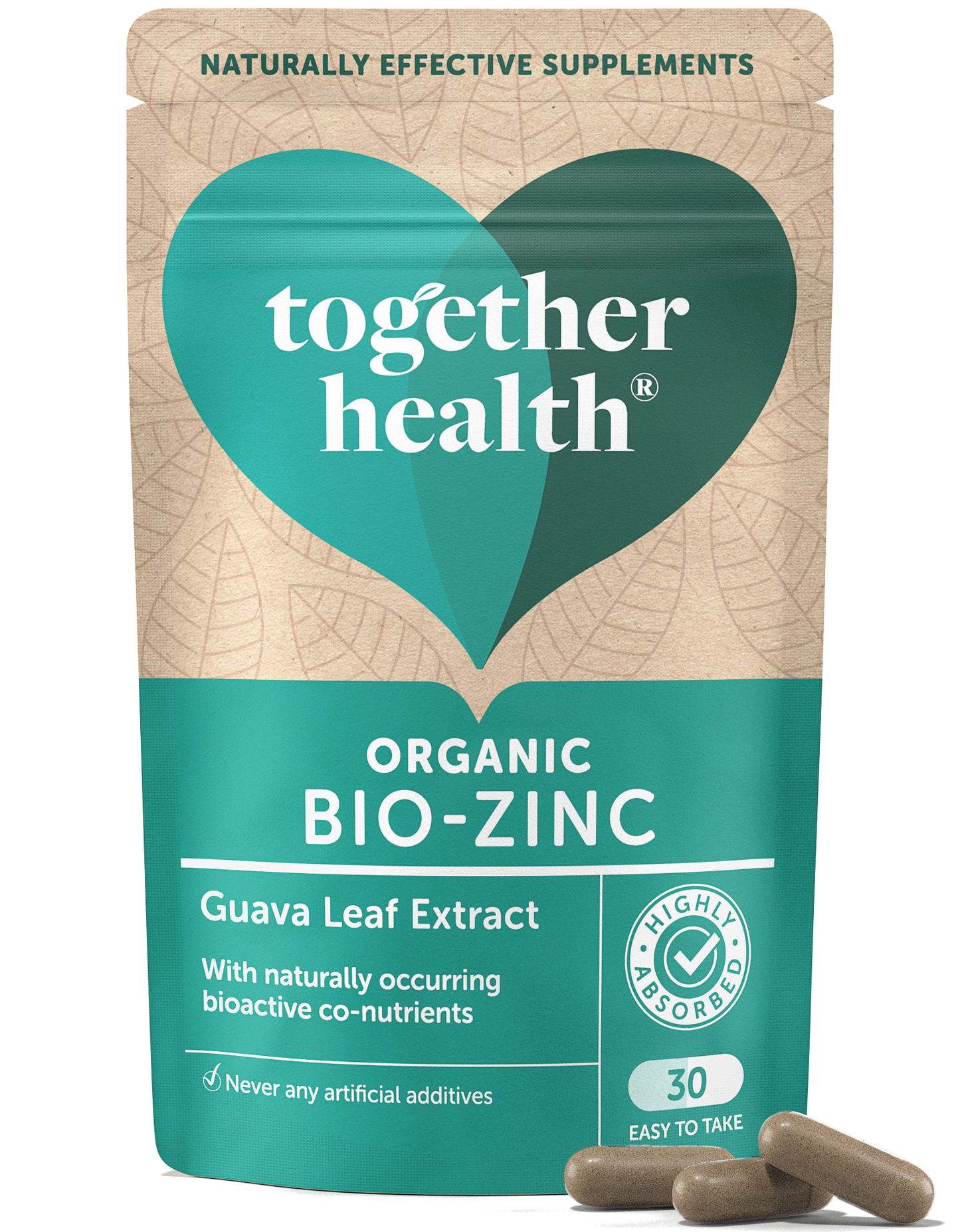 A eco-friendly supplement package for Together Health's Organic Bio-Zinc with Guava Leaf Extract, featuring 30 easy-to-take capsules.