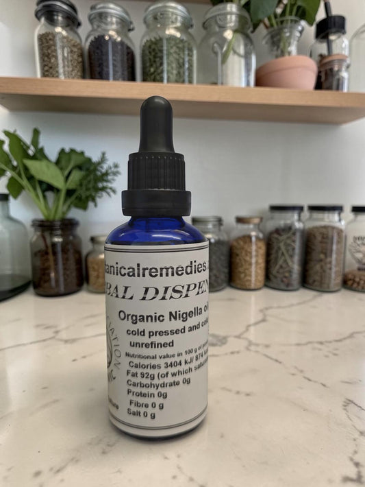 Organic Cold Pressed Nigella Sativa Oil in a dropper bottle by Botanical Remedies