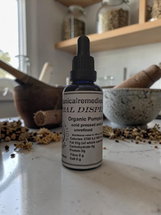 Organic cold pressed pumpkin seed oil bottle for hair growth, skin care and heart wellness