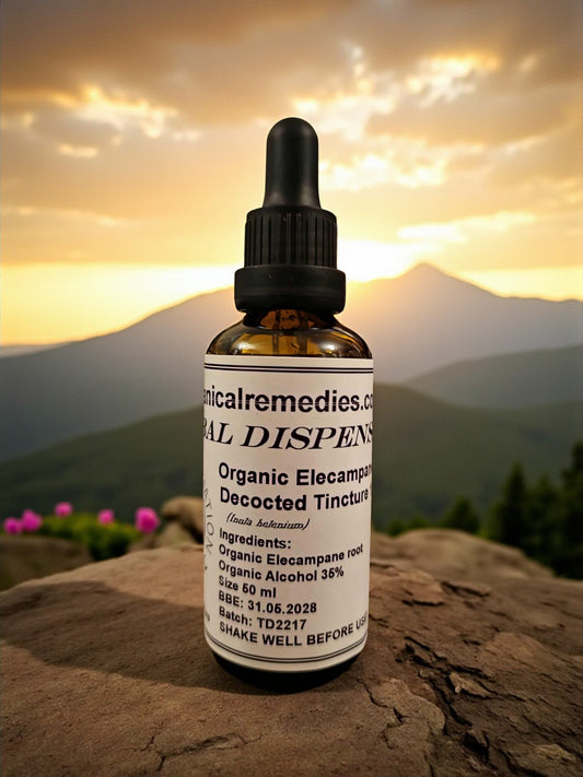 Bottle of Organic Elecampane Tincture, an herbal remedy from Botanical Remedies herbal dispensary
