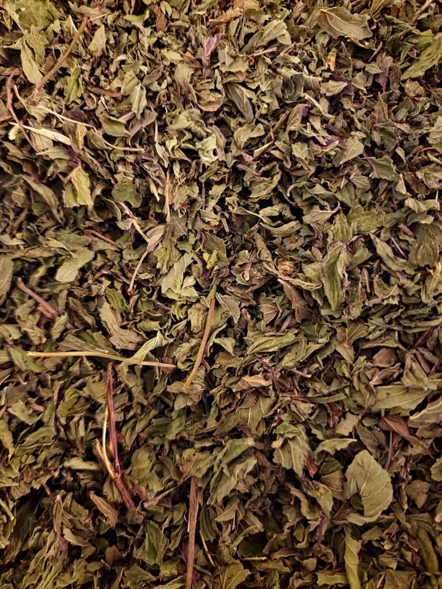 Close-up of dried Organic Peppermint leaves, loose herbal tea, an herbal remedy
