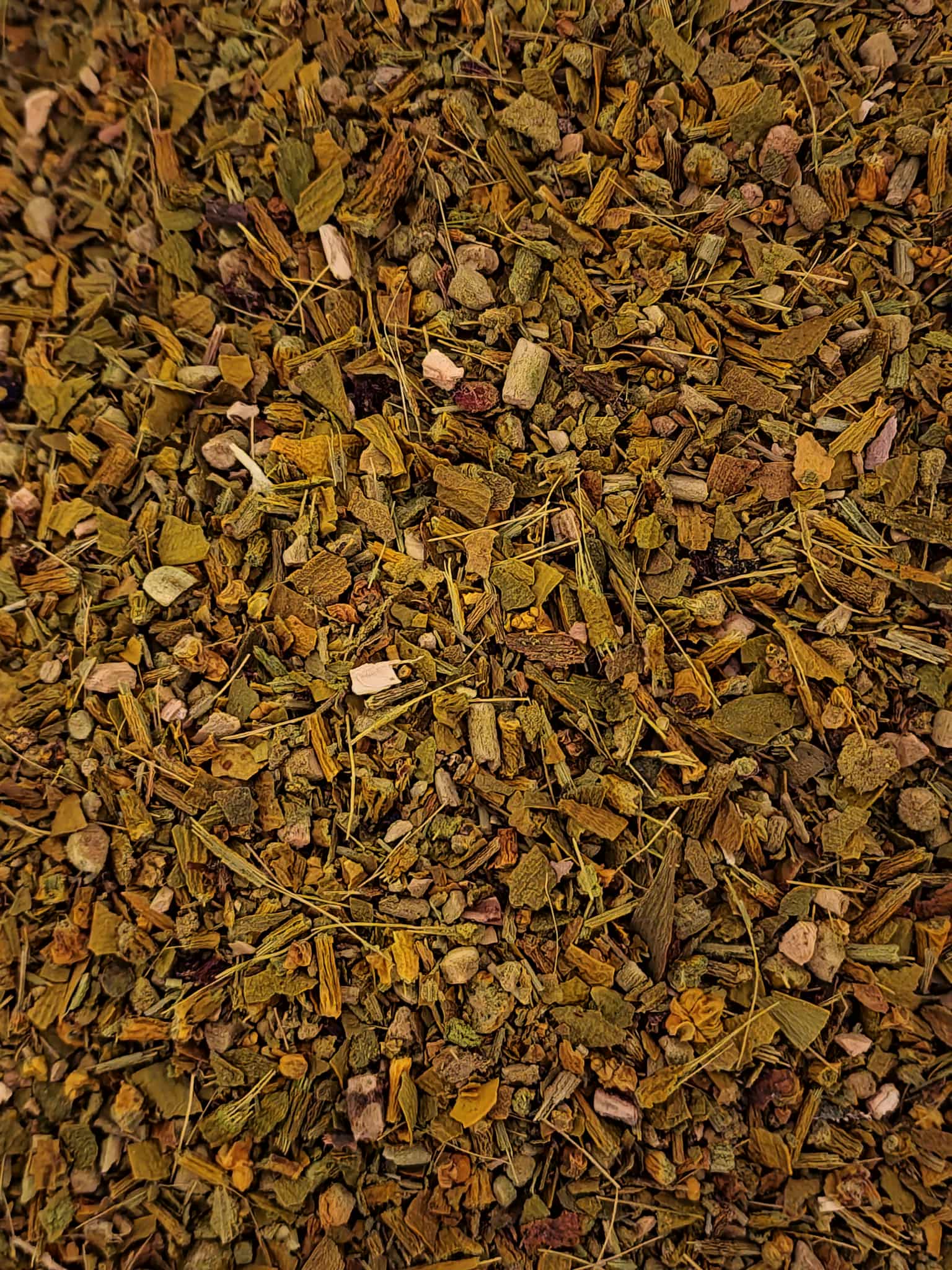 Close-up of a pile of dried and cut Mistletoe herb from Botanical Remedies herbal dispensary, an herbal remedy