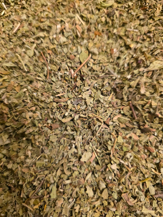 Close-up of dried and cut Organic Rock Rose herb, an herbal remedy from Botanical Remedies herbal dispensary, loose herbal tea