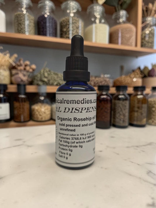 100% Organic Cold-Pressed Rosehip Seed Oil in UV resistant glass dropper bottle, certified food grade and cosmetic grade