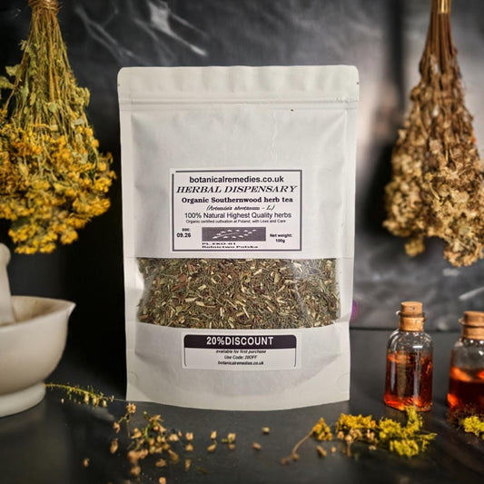 Package with Organic Southernwood Herb (Artemisia Abrontanum L.), dried and cut, loose herbal tea, an herbal remedy