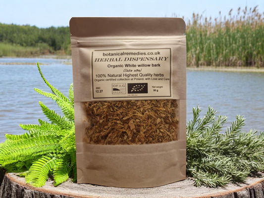 Package with Organic White Willow Bark, dried and cut, loose herbal tea, an herbal remedy