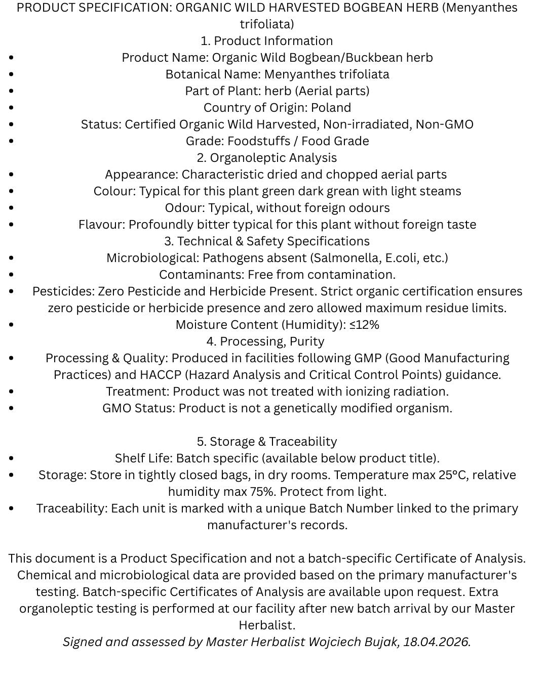 Product specification sheet for Organic Menyanthes Leaf (Menyanthes trifoliata), detailing botanical information, organoleptic analysis, safety specifications, allergen information, and storage guidelines.