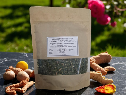 Package with Organic Greater celandine herb, dried and cut, loose herbal tea, an herbal remedy