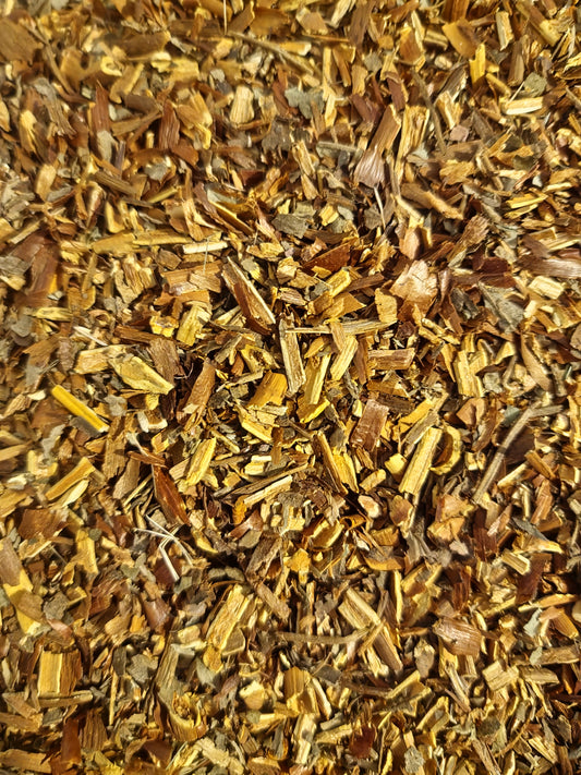 close up of dried and cut Organic marsh Cinquefoil herb, an herbal remedy from Botanical Remedies herbal dispensary, loose herbal tea