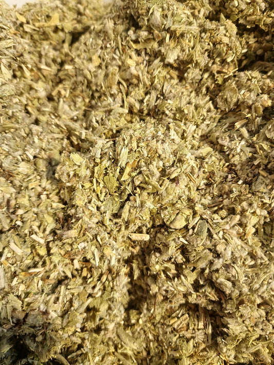 close up of Organic Greek Mountain tea from Botanical Remedies herbal dispensary, an herbal remedy, loose herbal tea