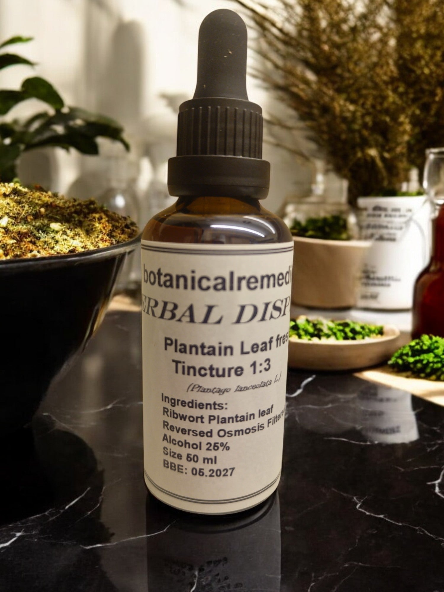 A glass dropper bottle with Plantain Leaf tincture, made from fresh leaves and alcohol, an herbal remedy from Botanical Remedies herbal dispensary