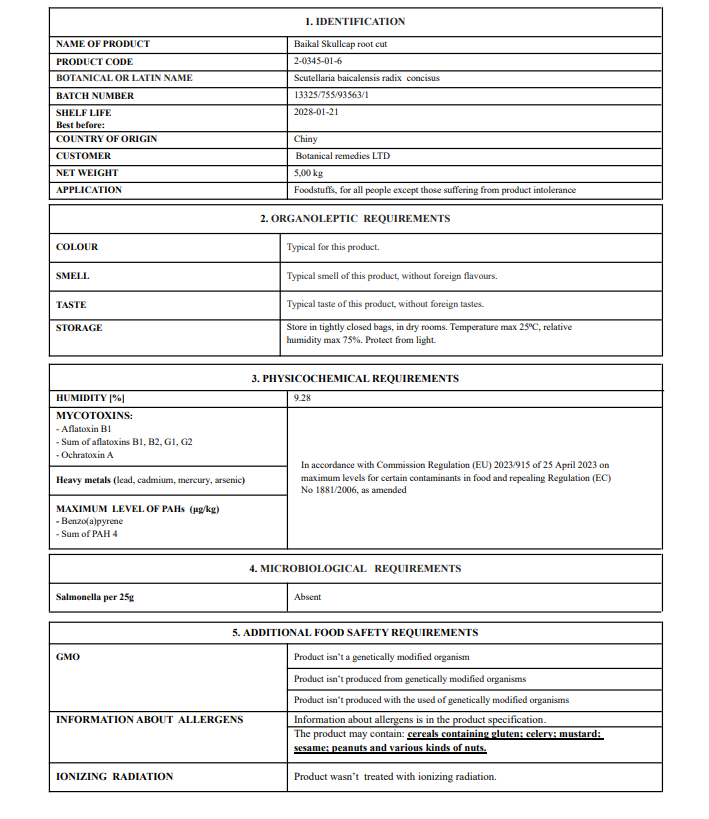 Product specification for Baikal skullcap root with detailed information including product code, botanical name, batch number, and specifications.