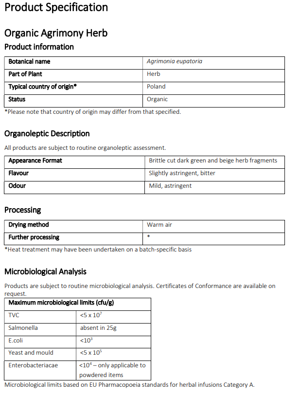 Product specification sheet for Organic Agrimony Herb from Botanical Remedies with details on botanical name, part of plant, origin, appearance, flavor, odor, processing methods, and microbiological analysis.