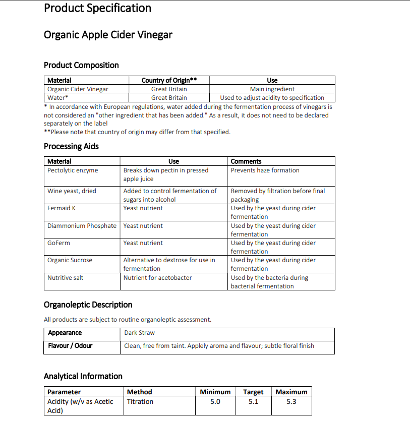 Product specification sheet for Organic Apple Cider Vinegar
